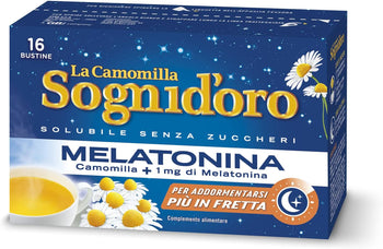 Camomilla Sogni d'oro solubile con melatonina, 16 Filtri, senza zuccheri e glutine, immediatamente solubile, facile da preparare, sonno rapido.